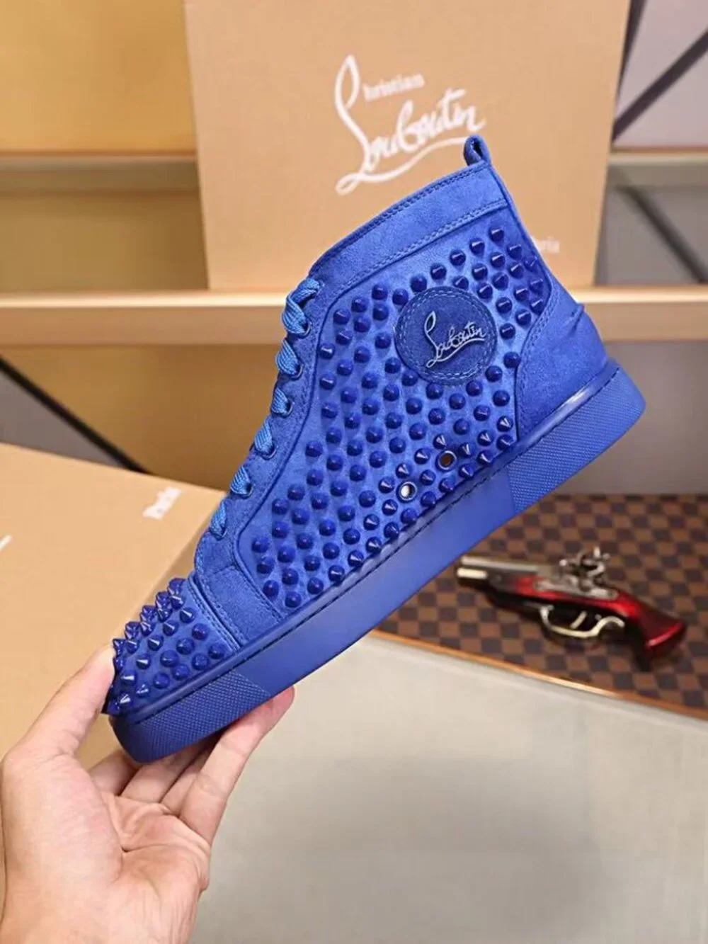 CL Louis cowhide rivet round head high top board shoes for men, blue